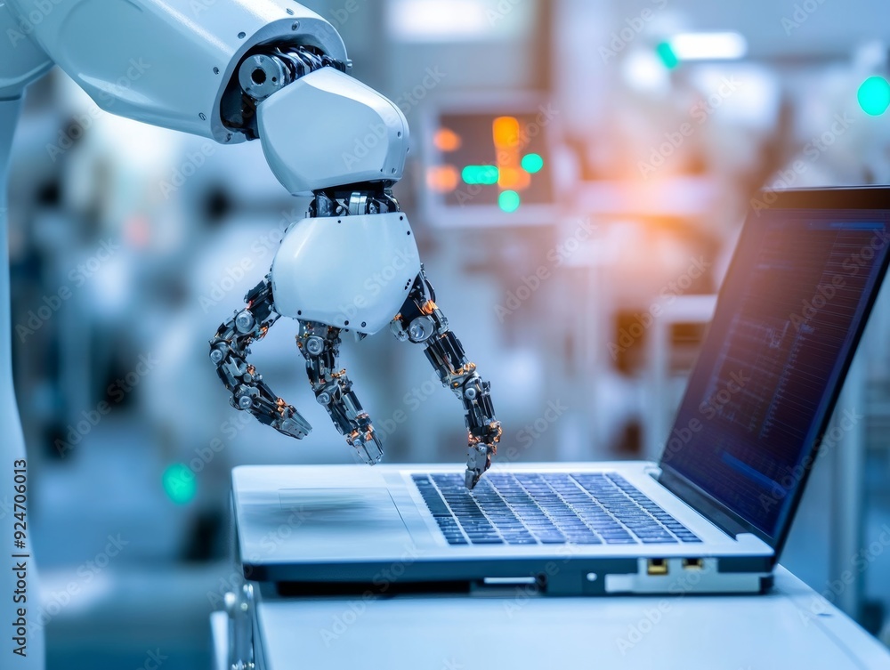 Aufkleber maintenance engineer operating robotic hand with cnc machine in smart factory for industry 4.0