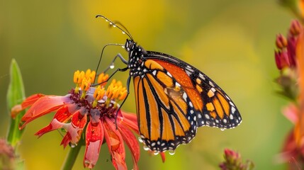 Naklejka premium Monarch Butterfly on a Flower with Dew Drops