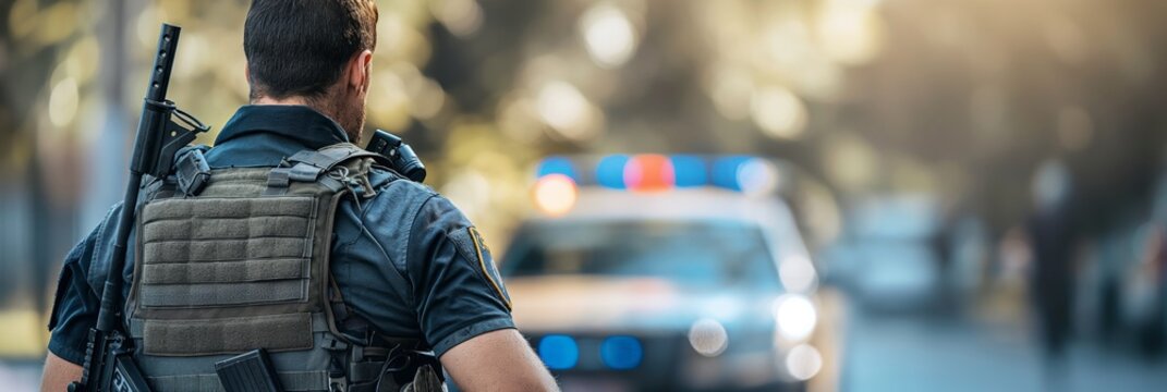 A tactical gear-clad police officer ensures the safety of city traffic, underscored by the presence of a police car with flashing lights.
