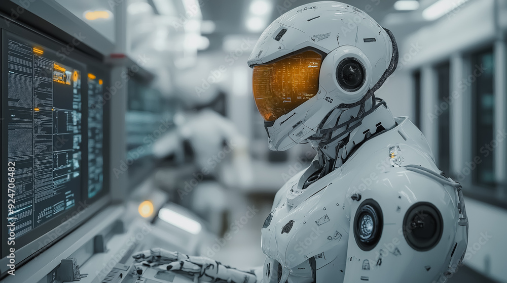Poster robot in a futuristic laboratory, advanced machinery, high-tech environment, cutting-edge robotics, 