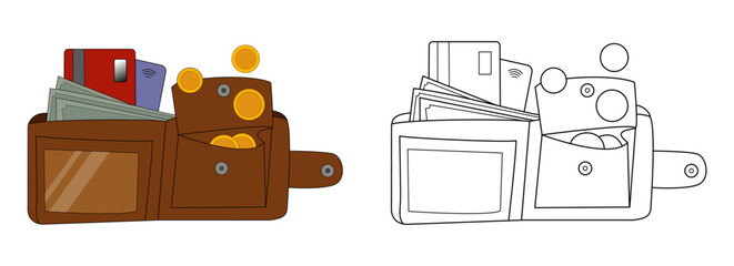 An illustration of a wallet with coins, banknotes and cards. An open wallet. Finance and money illustration. An outline drawing of a wallet. A colored illustration of a wallet with money.