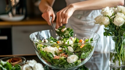 Salad prep at elegant table with roses.