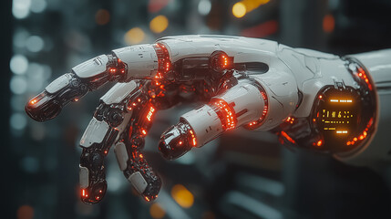 AI interacting with humans, advanced robotics, futuristic user interface, high-tech setting, modern design, digital interaction