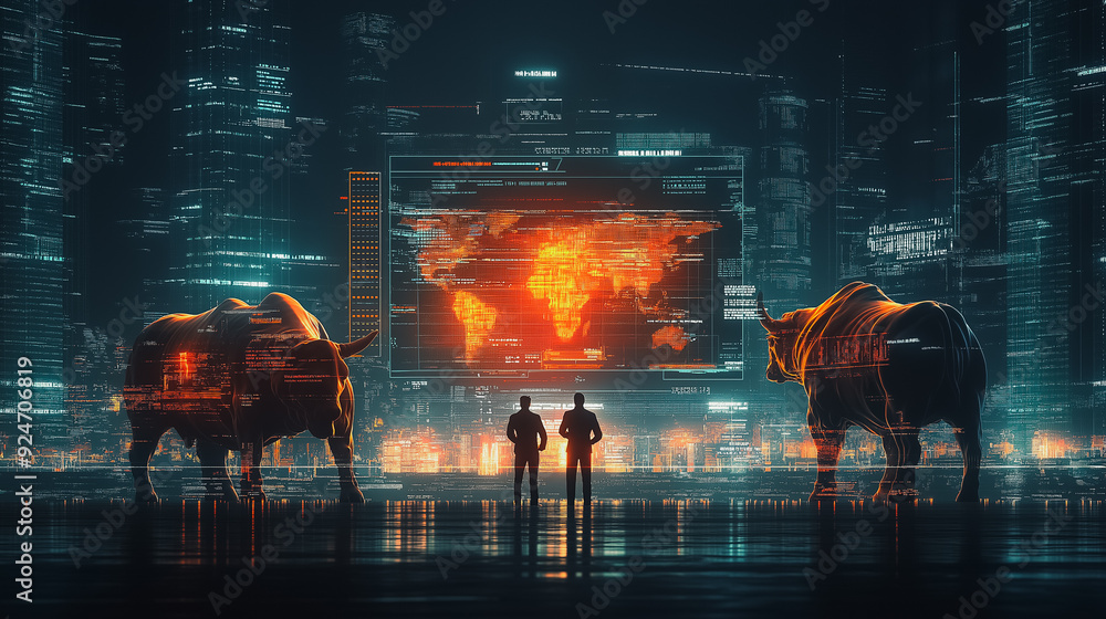 Aufkleber two men stand in front of a computer monitor that shows a map of the world with