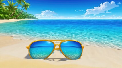 A pair of bright yellow sunglasses lies on the sand, reflecting the serene ocean and sky, encapsulating the essence of a sunny tropical beach day