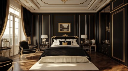Fototapeta premium Black-and-white bedroom with gold touches and wood floors.