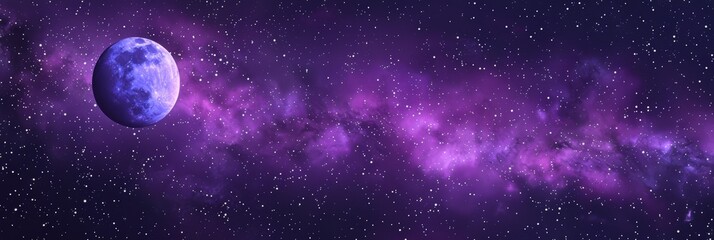Fantastic Colorful Galaxy And Nebula, Sci-Fi Universe Background With Stars And Blue Moon
