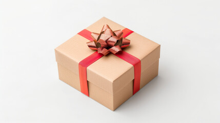 Obraz premium Brown craft mystery gift box with red bow on top, white background.