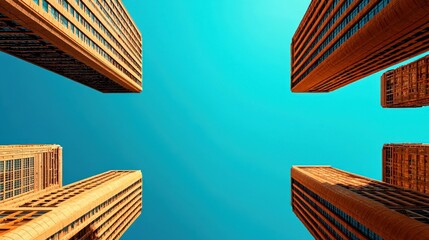 A stunning upward view of skyscrapers against a vivid blue sky, showcasing modern architecture and urban beauty.