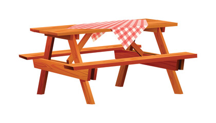 Wooden picnic table with red checkered cloth. Vector illustration isolated on white background