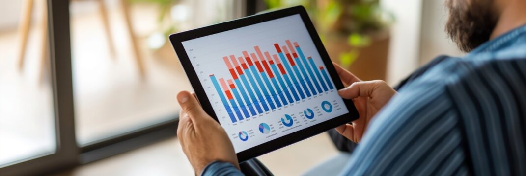 A person is focused on scrolling through data charts on a tablet, illustrating business analytics and data performance assessment.