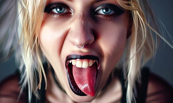A performer boldly expresses individuality, displaying vibrant makeup and fierce attitude with piercing eyes and a tongue out in a captivating urban backdrop