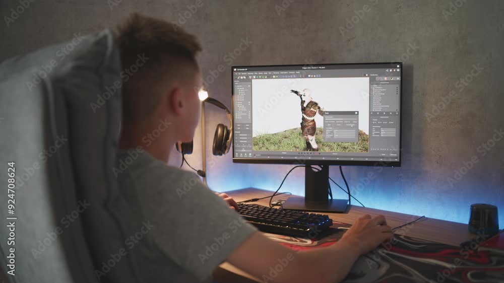 Poster Young 3D modeler creates model and animation of game character using PC. Interface of professional 3D modeling program. Teenager working on freelance project on computer at home. Game development.