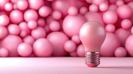 A pink light bulb stands in contrast against a backdrop of soft pink spheres, creating a vibrant and playful atmosphere.