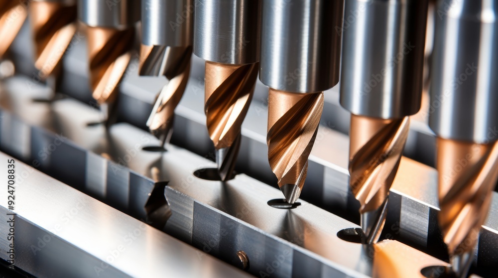 Poster close up of cnc milling cutter carving precise grooves in solid wood block with clean lines