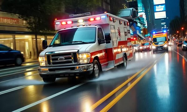 An ambulance races through city streets, lights flashing and sirens wailing, as pedestrians stop to watch the urgent scene unfold on a busy night