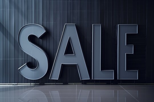 Big bold gray sale sign standing against a modern dark gray metallic wall reflecting on a smooth floor