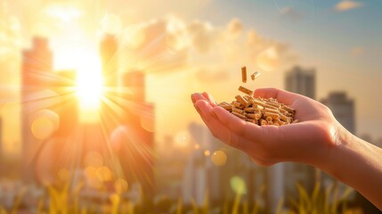 Hand holding wood pellet with cityscape, symbolizing reduced pollution and environmental improvement