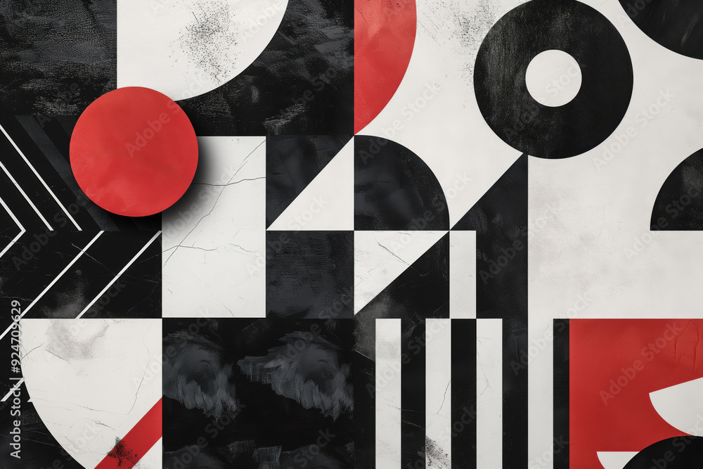 Poster abstract background featuring a modern geometric design with red circles and black and white shapes,