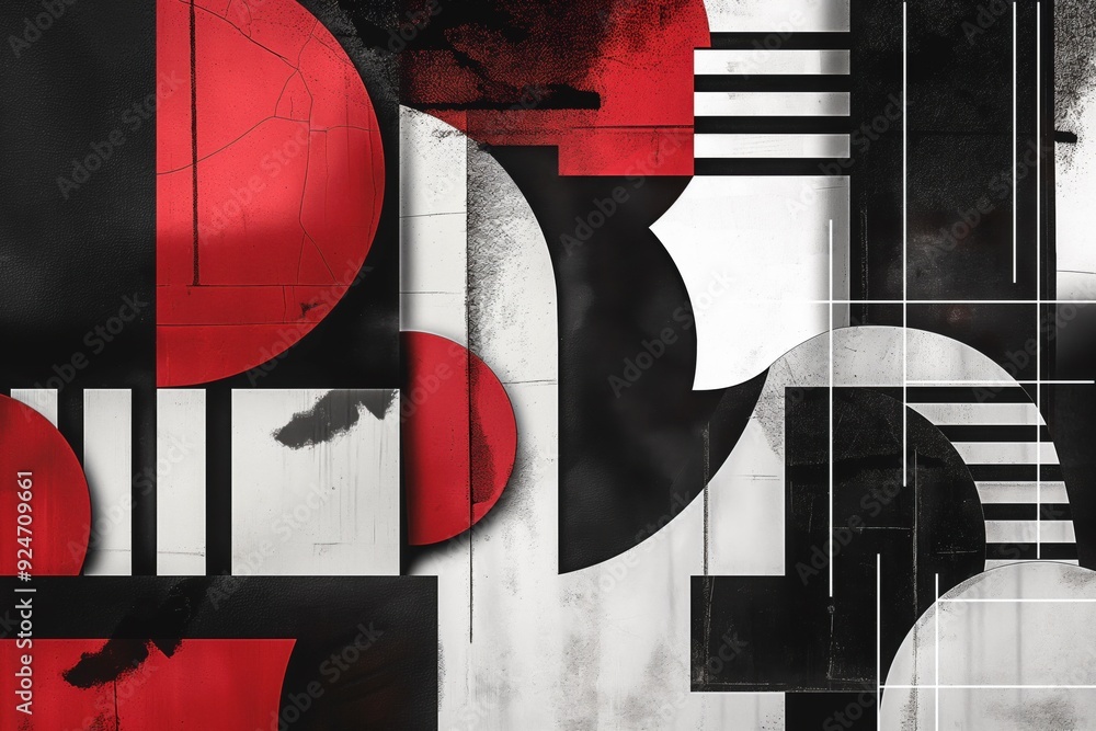 Poster abstract geometric background with a grungy, textured effect, featuring overlapping shapes in red, b