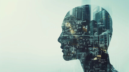 Silhouette of a human head with formulas and buildings on it.