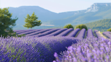Obraz premium Stunning lavender field stretching as far as the eye can see, with a lone tree standing out against the purple landscape