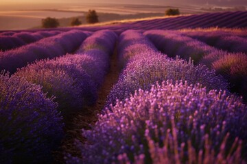 Obraz premium Rows of vibrant purple lavender plants basking in the warm glow of a golden sunset over the french countryside