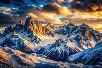 Snowy Peak Panorama: Vast mountain landscapes, towering peaks, dramatic shadows, contrasting textures.