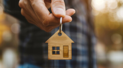 A close-up of a person holding a wooden house keychain symbolizing home ownership and new beginnings in a cozy outdoor setting.