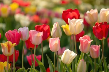 Vibrant tulips bloom in a dutch field on a sunny spring day, showcasing nature's beauty with pink, red, and yellow petals against green foliage