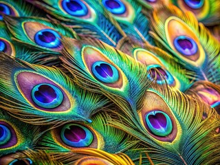 Obraz premium Vibrant peacock feathers shimmer with iridescent hues in a stunning close-up, showcasing intricate patterns and mesmerizing rainbow colors, perfect for a visually striking background.