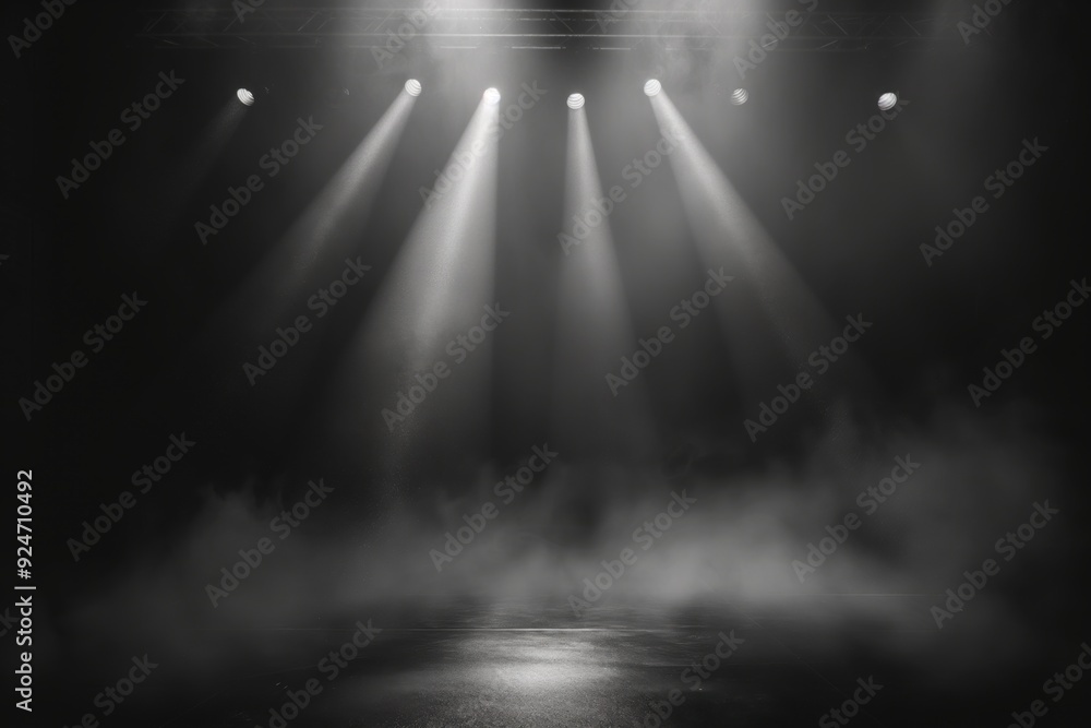 Poster bright spotlights shining down on an empty stage in the dark, creating a dramatic and mysterious atm