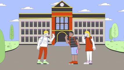 Meeting with school friends cartoon animation. First day of school schoolyard 4K video motion graphic. Hi waving schoolkids diverse schoolmates 2D animated characters academy entrance background