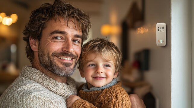 boy adjusting lower heating temperature on thermostat helping father concept of efficient smart technology in sustainable home heating and thermostats