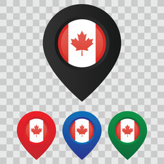 Glossy map pin icons with the flag of Canada. Collection of location markers on grid background