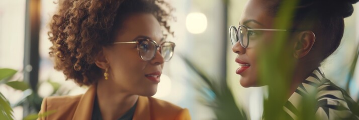 Two professionals are engaged in a conversation in a cafe, surrounded by greenery, creating a casual and inviting setting for discussion.