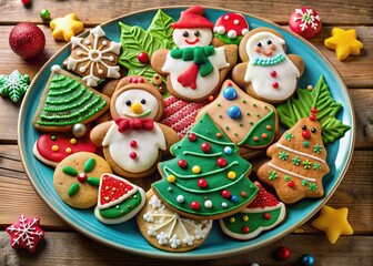 Obraz premium Whimsical Festive Cookie Feast: Playful, colorful mix of cookies arranged on a decorative flat plate, invoking a sense of childlike joy