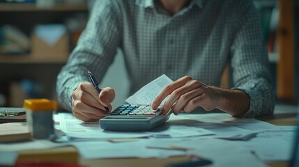 Man Calculating Bills and Finances at Home Office
