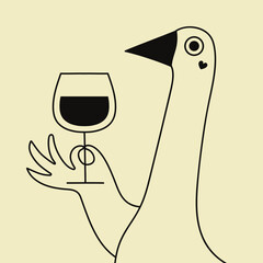 Funny vector illustration with goose and wine glass. Monochrome print design with animal and drink, apparel print, home and bar wall decoration poster