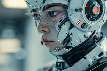 Fototapeta premium Robot cyborg humanoid helper in activities of daily life routine living with people, Generative AI