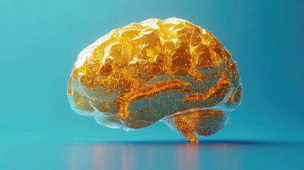 Gold High-tech Brain with a Low Poly Wireframe on a Blue Background
