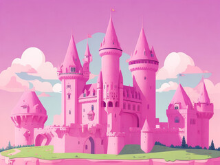 Fototapeta premium Dreamy pink and cartoon style castle in vector. Beautiful illustration picture. Generative AI