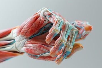 A hand with red, blue, and yellow muscles