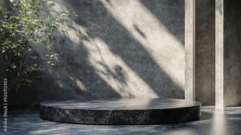 Poster modern floating 3d black stone podium in minimal environment with soft shadows