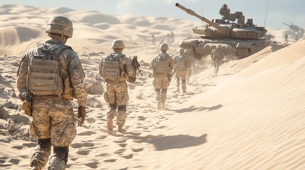 A group of soldiers walk through a desert landscape with a tank in the background.