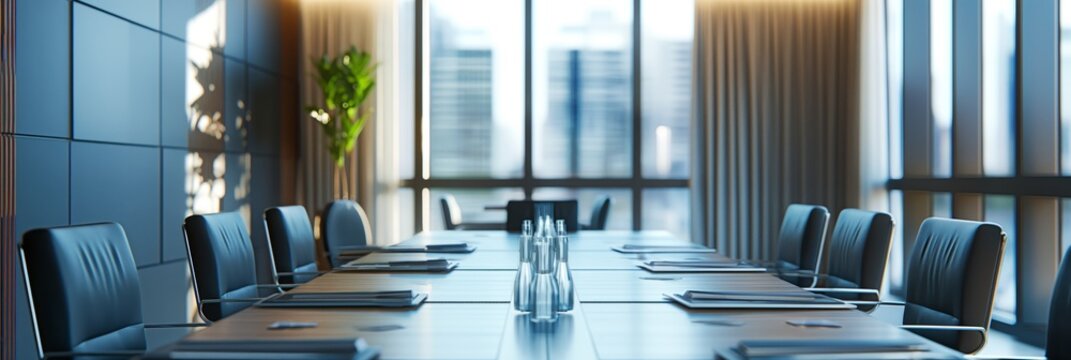 An empty modern conference room featuring a large table, chairs, and glass windows with a cityscape view, showcasing a corporate environment.