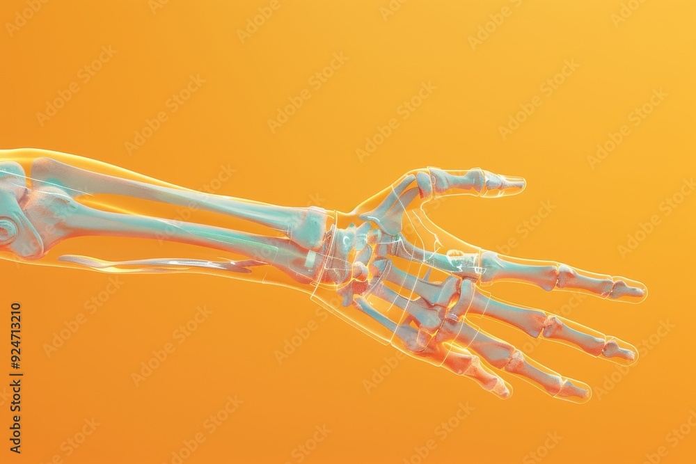 Poster a hand with a skeleton in it is shown on a background