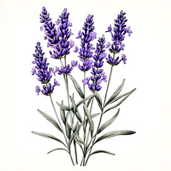 Beautiful Lavender with green leaves vintage art style engraved etching line art. Generative Ai.