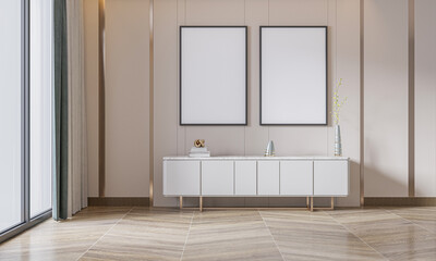 mock up poster frame in interior background, living room. 3D render, 3D illustration