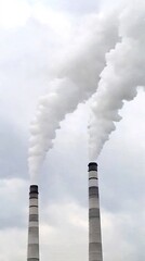 Two smokestacks release white smoke into a clear blue sky, illustrating industrial activity and environmental impact